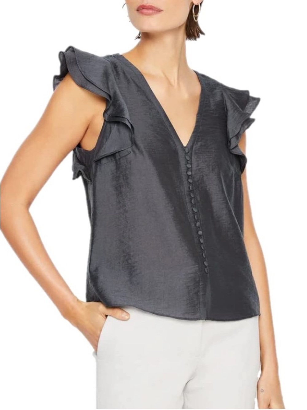 Club Monaco Charcoal Ruffle Sleeve V-Neck Blouse - Size Large